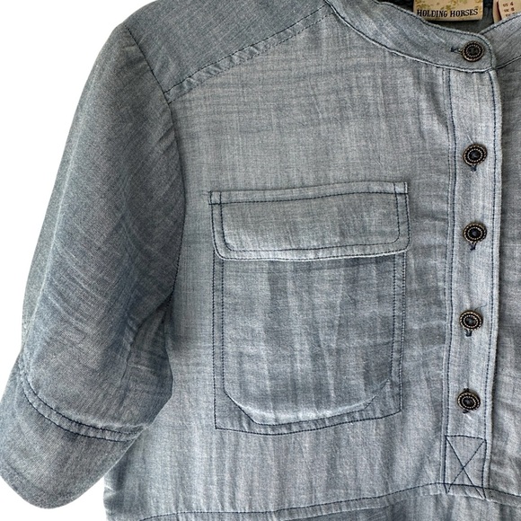 ANTHROPOLOGIE HOLDING HORSES BLUE CHAMBRAY COTTON DRESS STRIPED UNDERSKIRT | 4 - Picture 5 of 14